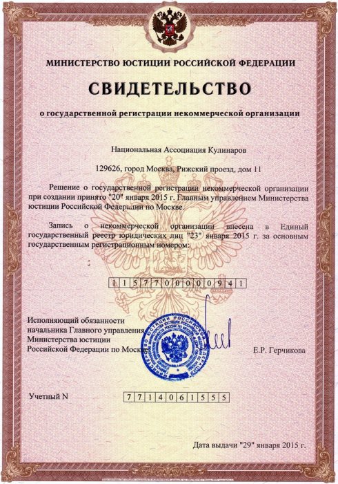 Свидетельство о государственной регистрации НКО
