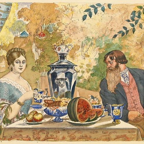 Борис Кустодиев. Купец с женой за столом (1922)