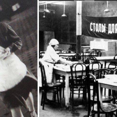 Не официантка, а работница советской столовой (слева). Отдельные столы для ударников – тех, кто перевыполняет план (справа)