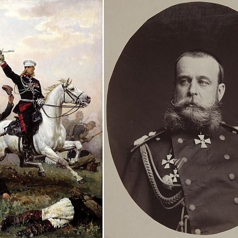 Дмитриев-Оренбургский Н.Д. Генерал Скобелев на коне (1883 год) и фотография генерала Скобелева 1880 г.